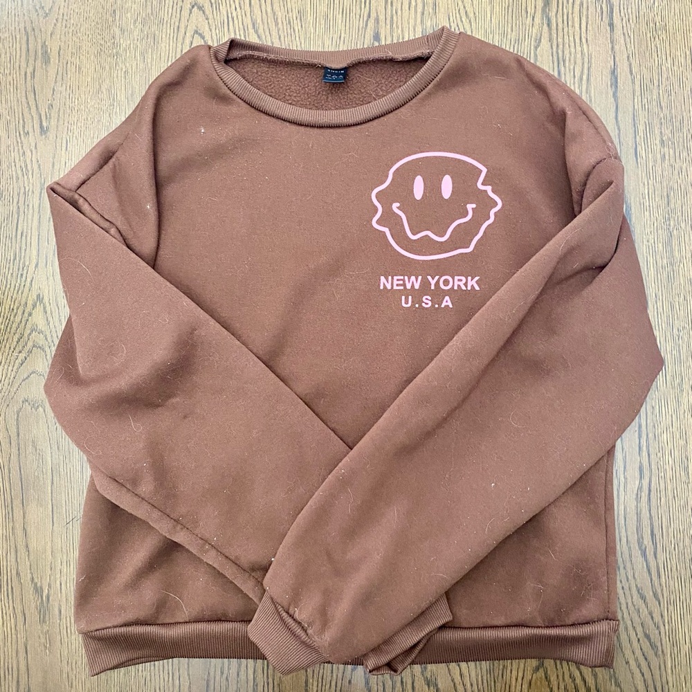 SHEIN Brown Crewneck Sweater with Smiley Graphic